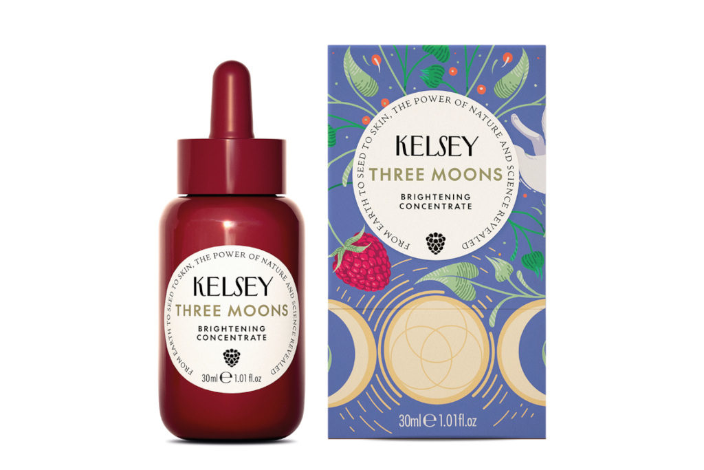 Red serum bottle next to blue box